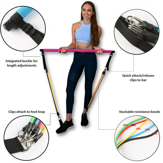 Fitness Yoga Pilates Bar Resistance Bands Workout Equipment